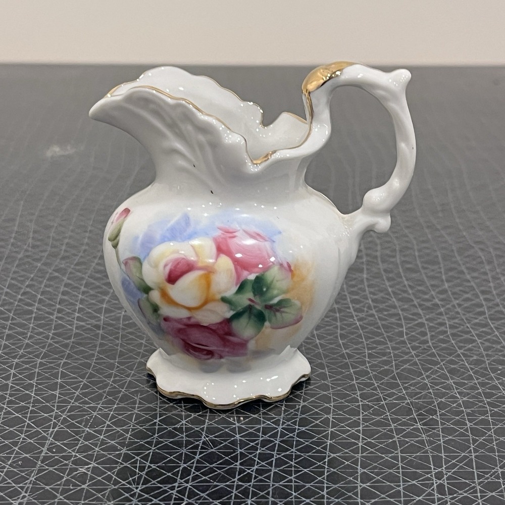 Vintage Decorative Lefton China Mini Pitcher Gold Rimmed Roses Design